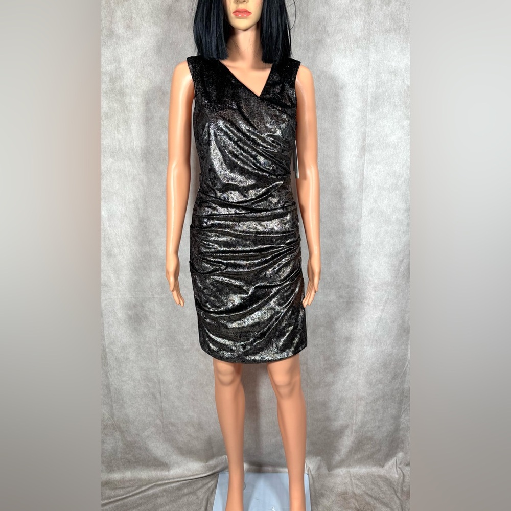 NWT - Nicole Miller Black Silver Ruched Cocktail Dress